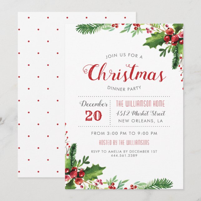 Watercolor Holly Branly Branly Weihnachts-Dinner P Einladung (Vorne/Hinten)