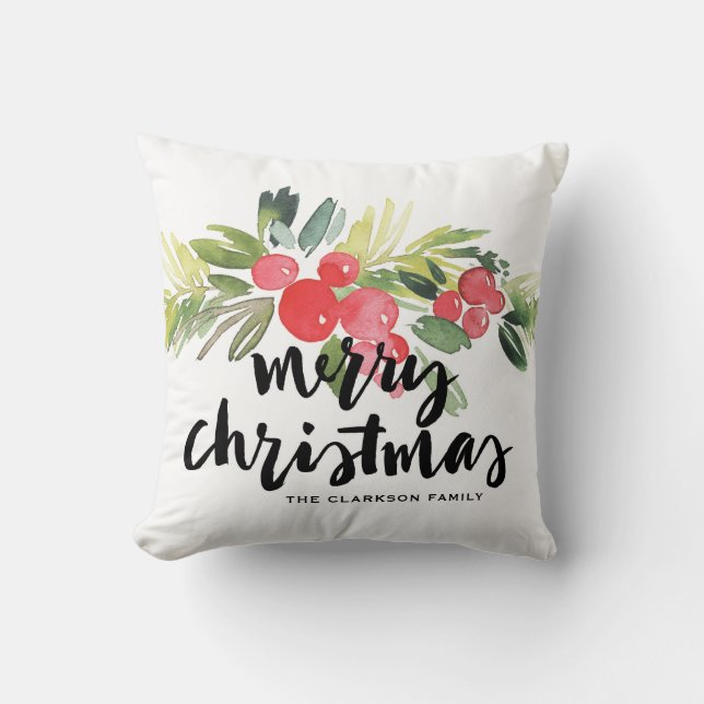 Watercolor Holly Brush Lettering Frohe Weihnachten Kissen (Vorderseite)