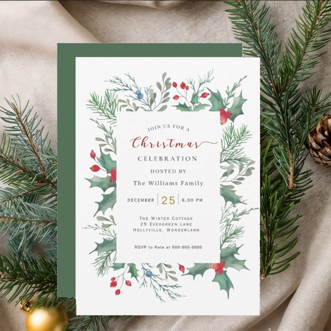 Watercolor  Holly Christmas Celebration Invitation (Créateur téléchargé)