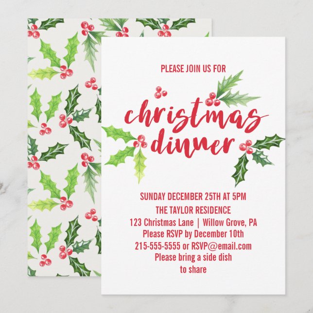 Watercolor Holly Christmas Dinner Einladung (Vorne/Hinten)