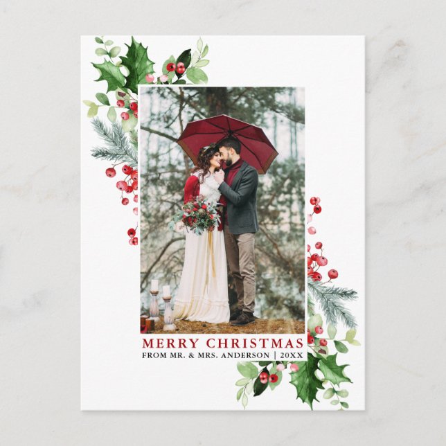 Watercolor Holly Christmas Greenerity Wedding Red Postkarte (Vorderseite)