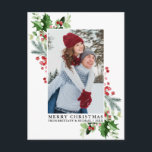 Watercolor Holly Christmas Greenery Couple Foto Postkarte<br><div class="desc">Moderne Elegante Merggy Weihnachten Wasserfarbe Foto Postkarte</div>
