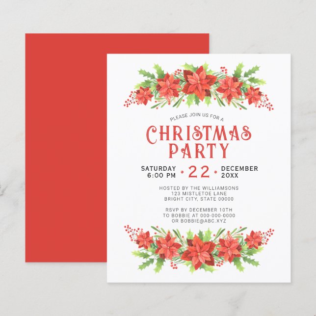 Watercolor Holly Christmas Party Einladung (Vorne/Hinten)