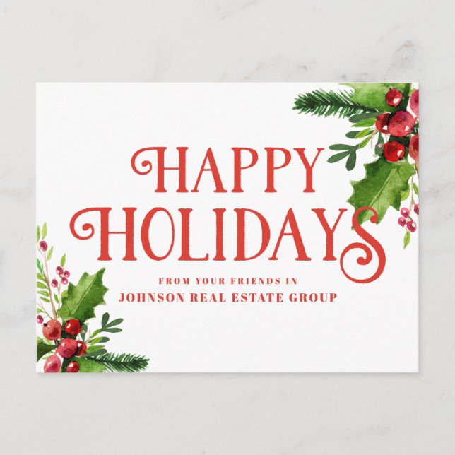 Watercolor Holly | Feierliche Grüße Postkarte (Vorderseite)