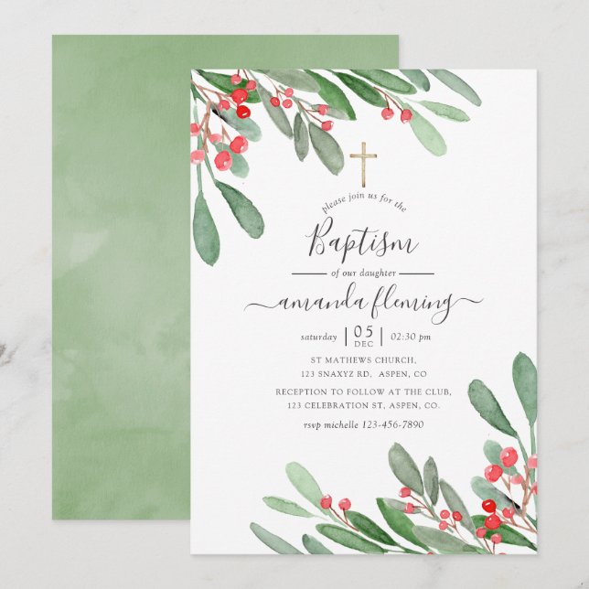 Watercolor Holly Jolly Weihnachts-Taufe Einladung (Vorne/Hinten)