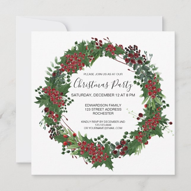 Watercolor Holly-Kranz Weihnachtsfeierliche Party  Einladung (Vorderseite)