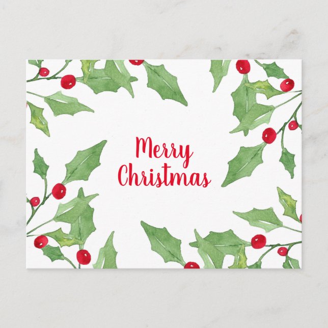 Watercolor Holly Leaf Wreath Postkarte (Vorderseite)