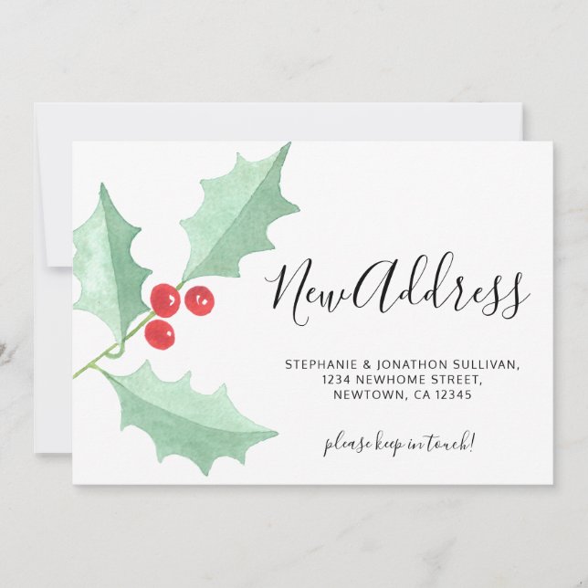 Watercolor Holly New Address Christmas Moving Ankündigung (Vorderseite)