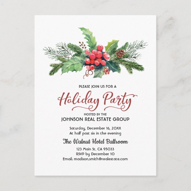 Watercolor Holly Pine & Berry | Urlaub Postkarte (Vorderseite)
