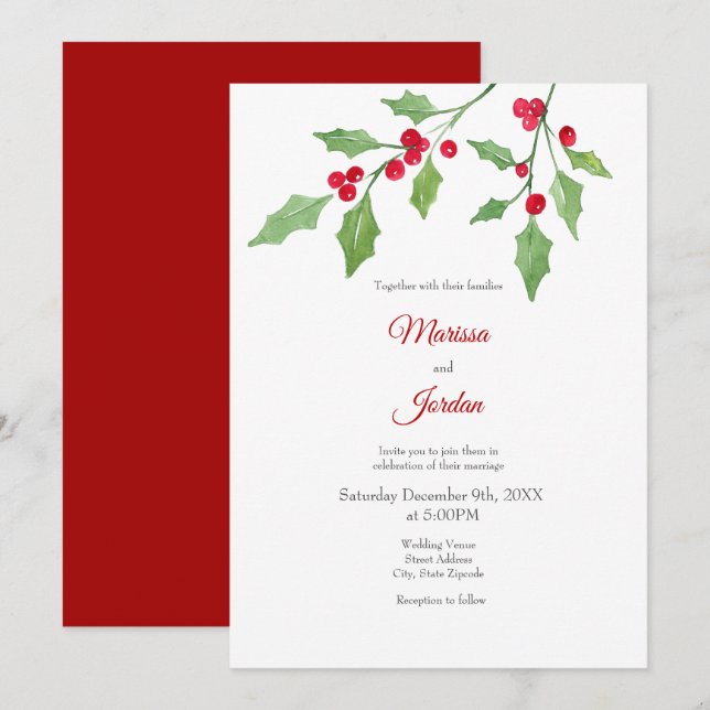 Watercolor Holly Sprig Einladung (Vorne/Hinten)