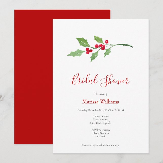 Watercolor Holly Sprig Einladung (Vorne/Hinten)