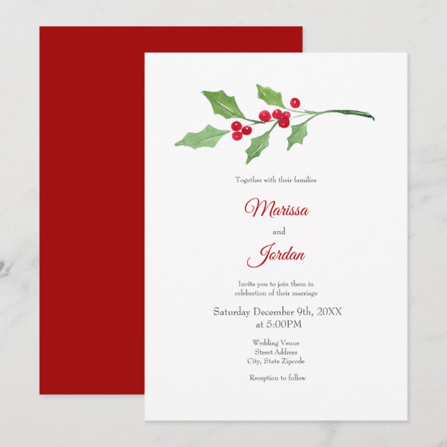 Watercolor Holly Sprig Einladung (Vorne/Hinten)