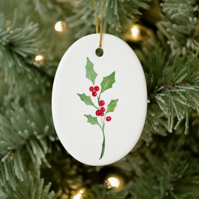 Watercolor Holly Sprig Keramik Ornament (Baum)