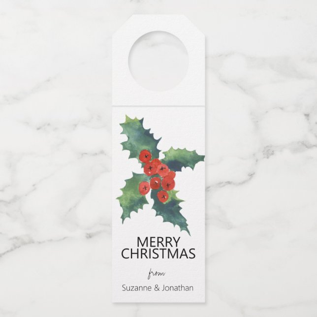 Watercolor Holly Verlasst Weihnachten Flaschenanhänger (Vorderseite)