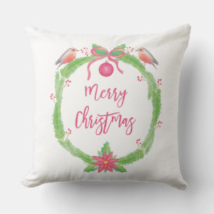 Watercolor Holly Wreath Frohe Weihnachten Kissen