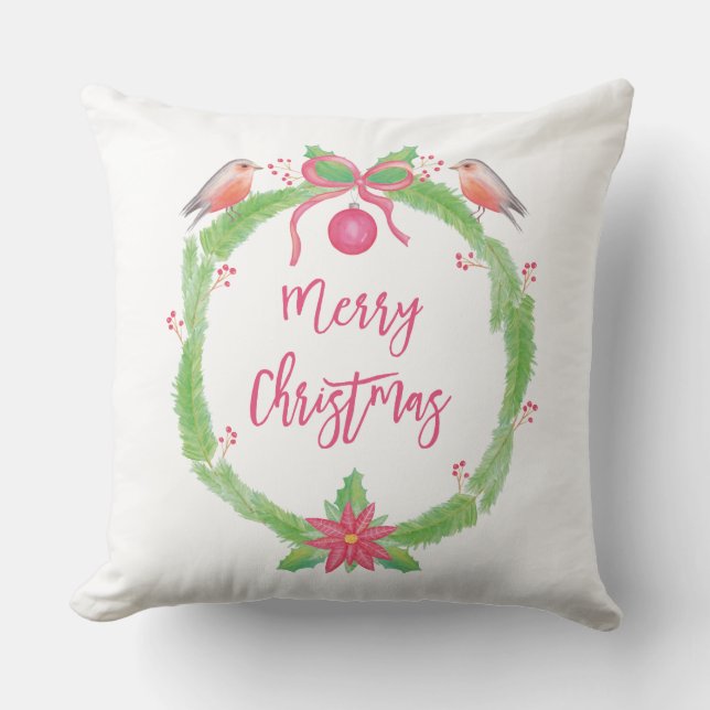 Watercolor Holly Wreath Frohe Weihnachten Kissen (Vorderseite)