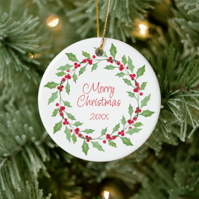 Watercolor Holly Wreath Keramik Ornament (Baum)