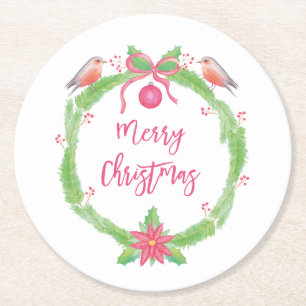 Watercolor Holly Wreath "Merry Christmas" Runder Pappuntersetzer