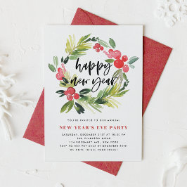 Watercolor Holly Wreath New Year's Eve Party Einladung