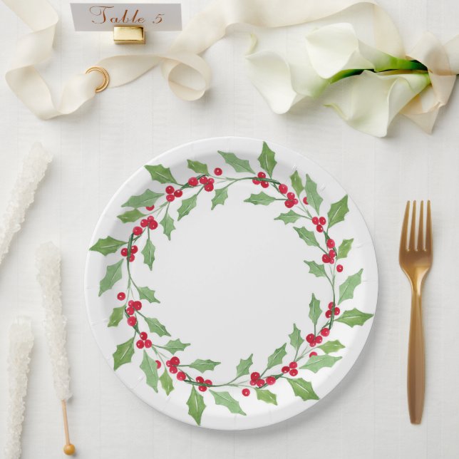 Watercolor Holly Wreath Pappteller (Hochzeit)