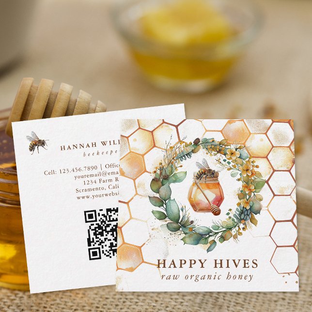 Watercolor Honeycomb & Honey Jar Beekeeper Quadratische Visitenkarte (Von Creator hochgeladen)