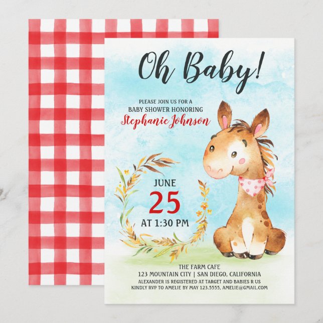Watercolor Horse Baby shower Farm Invitation (Devant / Derrière)