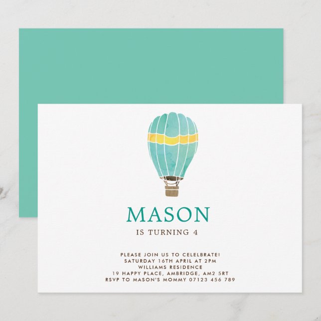 Watercolor Hot Air Balloon Invitation Anniversaire (Devant / Derrière)