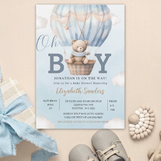Watercolor Hot Air Balloon Teddy Bear Baby Shower Einladung