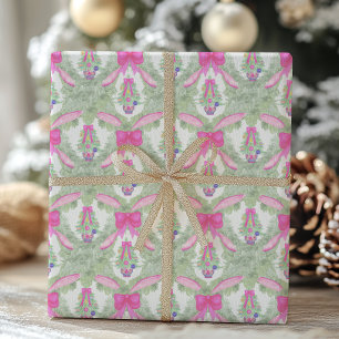 Watercolor Hot Pink Bow Ginger Jar Tree Weihnachte Geschenkpapier