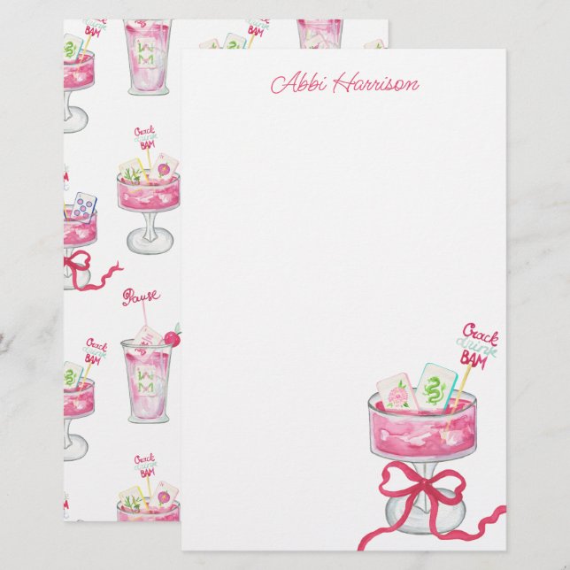 Watercolor Hot Pink Mahjong Cocktails Briefpapier (Vorne/Hinten)