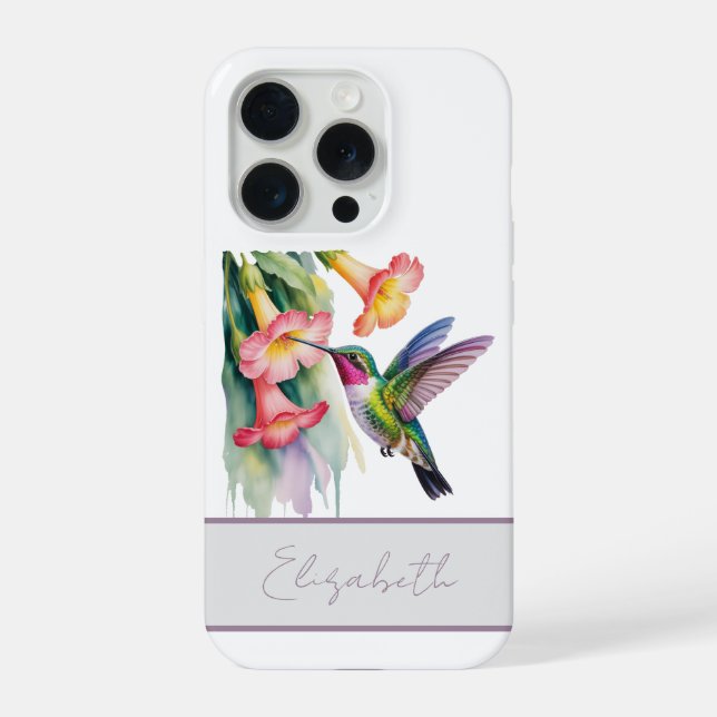 Watercolor Hummingbird with Florals iPhone 15 Pro Hülle (Rückseite)