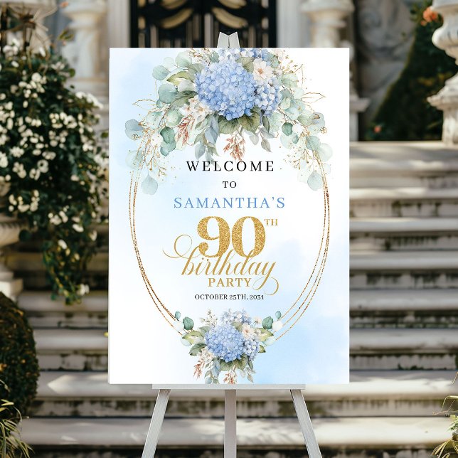 Watercolor Hydrangea Greenery 90 birthday welcome Poster (Watercolor Hydrangea Greenery 90th birthday welcome)