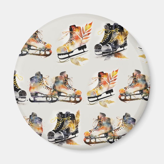 Watercolor Ice Skates with Autumn Leaves Pattern   Magnet (Vorne)