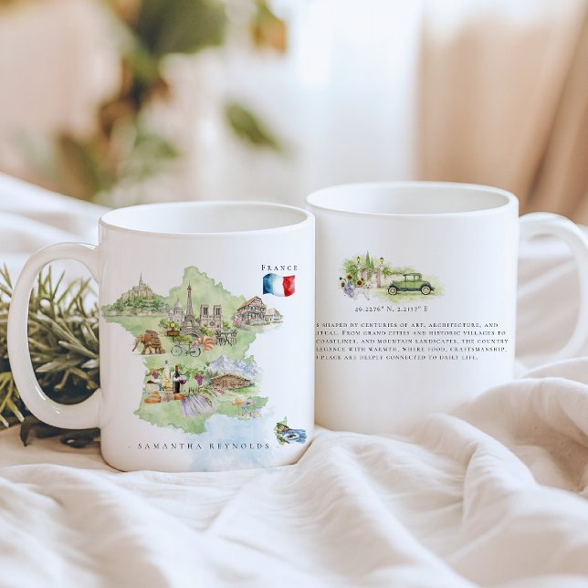 Watercolor Illustrated Map France | Monogram Kaffeetasse (Von Creator hochgeladen)