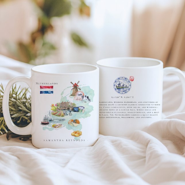Watercolor Illustrated Map Netherlands | Monogram Kaffeetasse (Von Creator hochgeladen)