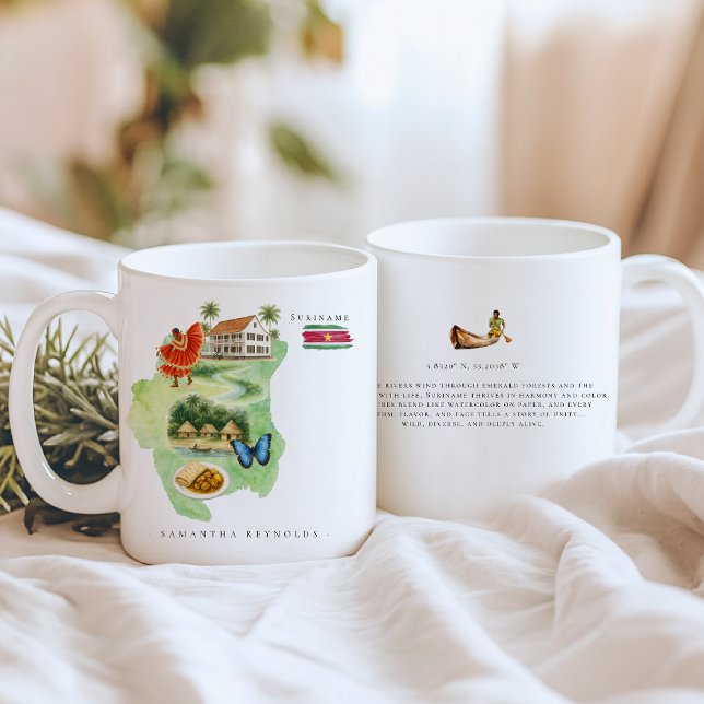 Watercolor Illustrated Map Suriname | Monogram Kaffeetasse (Von Creator hochgeladen)