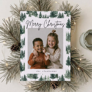 Watercolor Immergrüne Bäume Familienfoto Weihnacht Einladung
