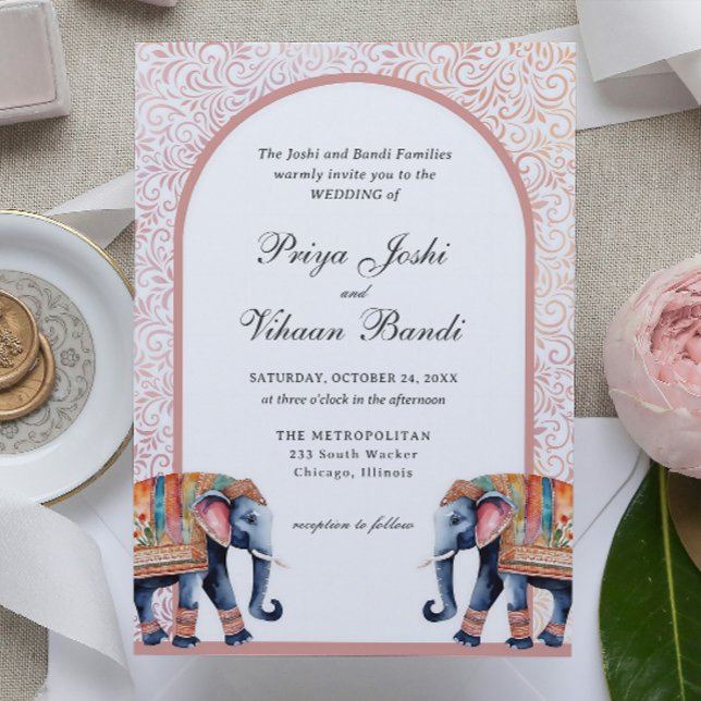 Watercolor Indian Elephant Hindu Wedding Einladung (indian wedding invitation, hindu wedding invitation, elephant floral wedding invite, mundap arch)