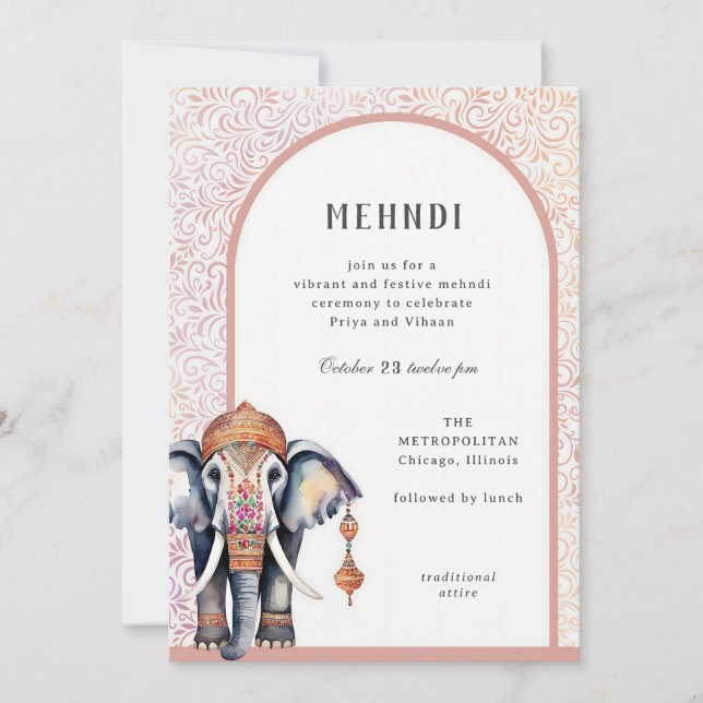 Watercolor Indian Wedding Elephant Mehndi Einladung (Vorderseite)