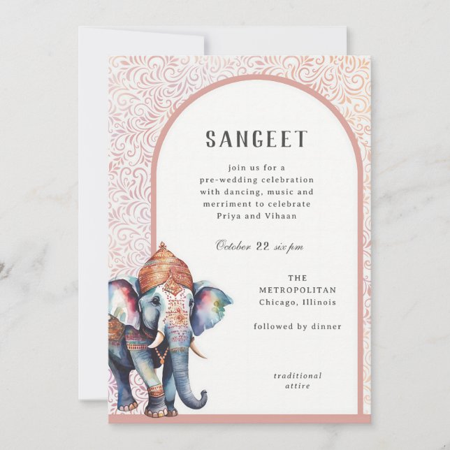 Watercolor Indian Wedding Elephant Sangeet Einladung (Vorderseite)