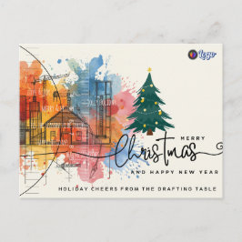 Watercolor Ink Blue Print Architecture Christmas Feiertagspostkarte