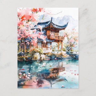 Watercolor ink of chinese template on lake. postkarte