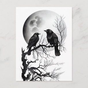 Watercolor ink of Odins raven sitting on twigs Postkarte