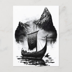 Watercolor ink pencil of Viking dragon ship. Sail Postkarte