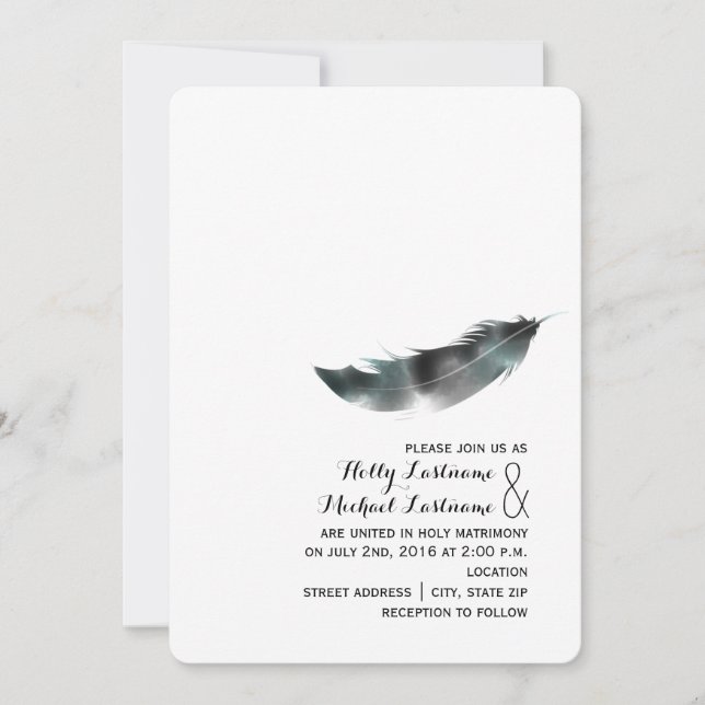 Watercolor-inspirierte Feder-Hochzeit - Schwarzes Einladung (Vorderseite)