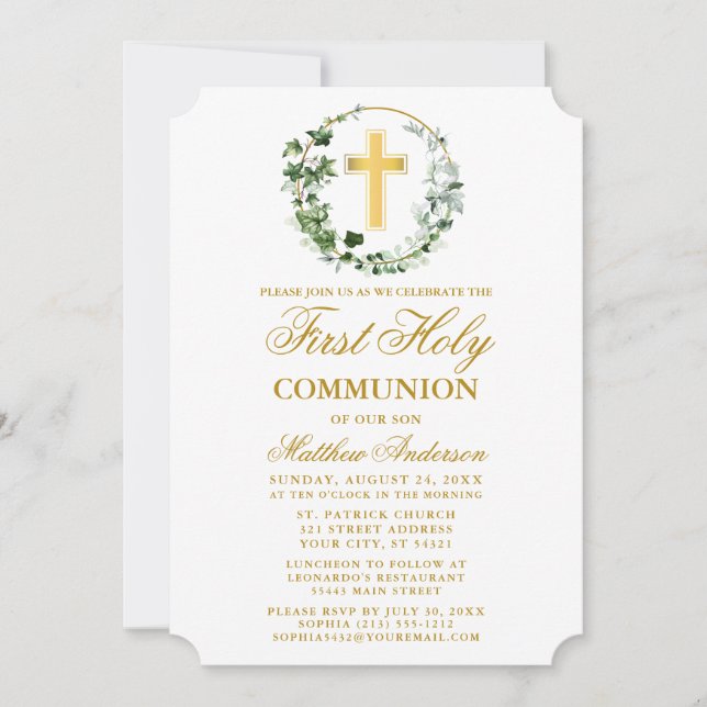Watercolor Ivy Wreath Erste Kommune Gold Einladung (Vorderseite)