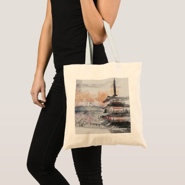 Watercolor Japanese Pagoda & Fuji  Tragetasche (Vorderseite (Produkt))