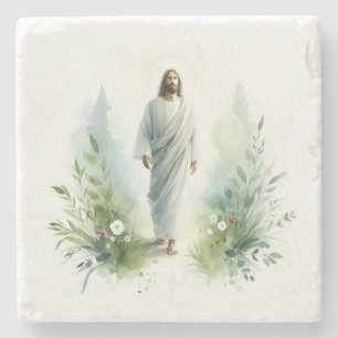 Watercolor Jesus Christ with Botanical Elements - Steinuntersetzer