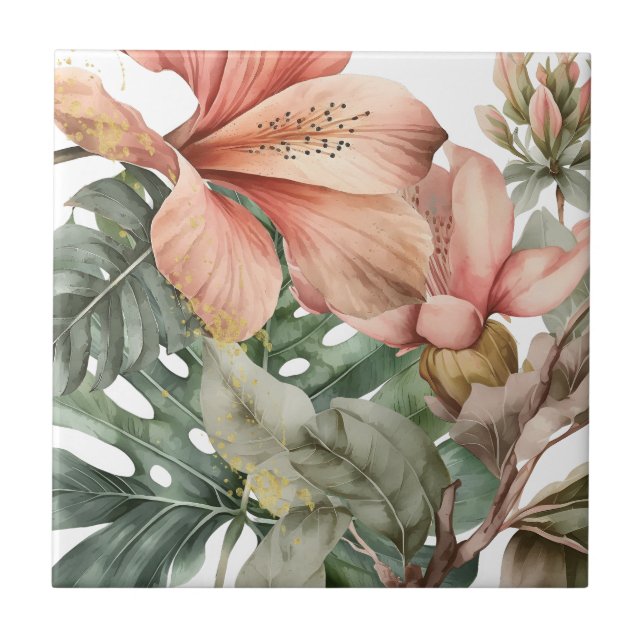 Watercolor Jungle Florals Peach Gold Splash Fliese (Vorderseite)
