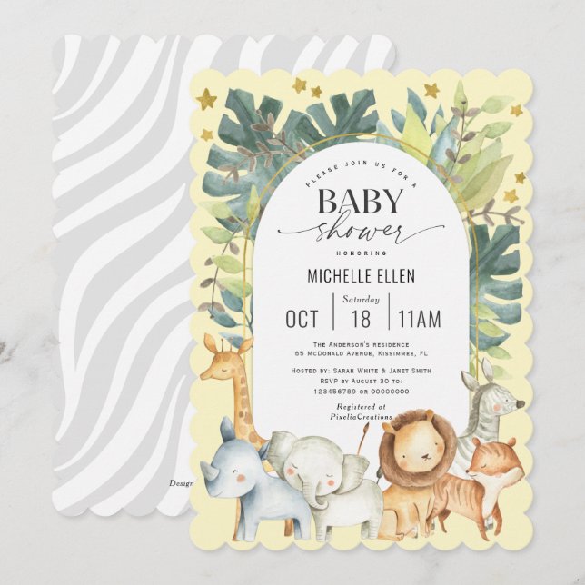 Watercolor Jungle themed Moderne Gelbe Babydusche Einladung (Vorne/Hinten)